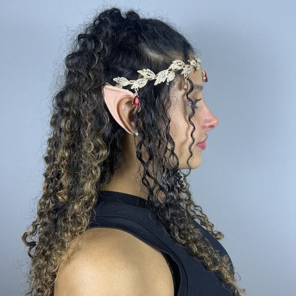 Gold Elf Fairy Tiara Crown with Red Gem & 2 Pairs Elf Ears Cosplay Halloween - Picture 4 of 8